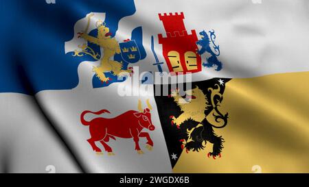 Flag of the Swedish County of Vastra Gotaland. Waving  Fabric Satin Texture Flag of Vastra Gotaland 3D illustration. Real Texture Flag of the Vastra G Stock Photo