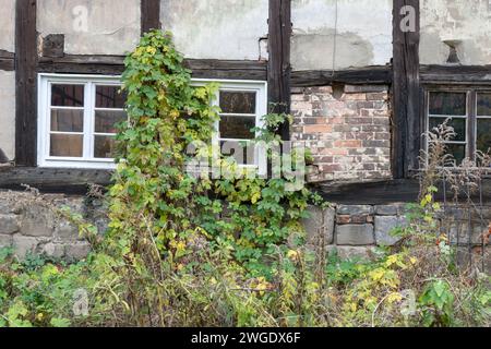 Detail of an old, dilapidated half-timbered house in Quedlinburg Stock Photo