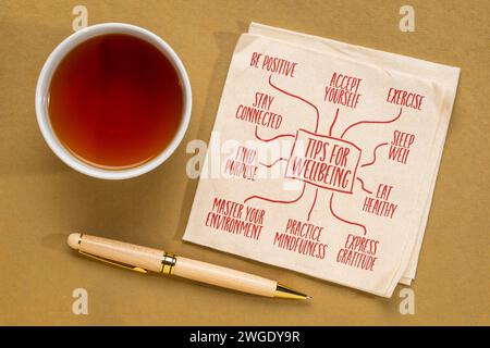tips for wellbeing - infographics or mind map sketch on napkin, healthy lifestyle concept Stock Photo