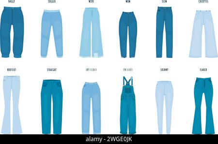 Women jeans styles collection. Denim fashion female pants. Trendy models of  cotton trousers for modern girl. Flat vector icons. Clothing guide infogra  Stock Vector Image & Art - Alamy