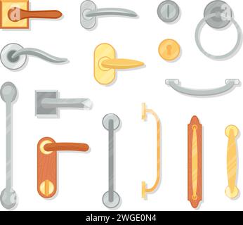Cartoon door knobs. Isolated flat knob and doors handles. Doorknob and lock, decorative icons. Safety home or office, safe decent vector elements Stock Vector