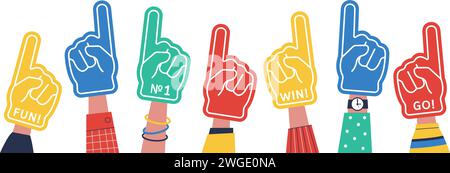Fans fingers banner. Fan foam finger, competition support team. Sport, soccer or football symbols. Gloves on human hands, decent vector background Stock Vector