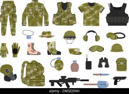 Military equipment. Soldiers uniform, camouflage clothing and tools. Boots, backpack and weapon, gas mask and binoculars. Decent vector tools icons Stock Vector