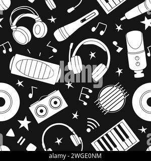 Musical seamless pattern. Headphones and microphones, sound speaker and music notes. Black and white stylish decent vector fabric print template Stock Vector