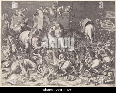 Battle of Zama between Scipio and Hannibal, at night, Cornelis Cort, After Giulio Romano, After Rafaël, c. 1567 print Battle between Rome and Carthage, led by Scipio and Hannibal. The Carthagen army runs on elephants, the Romans are on foot and on horseback, but can eventually beat Carthage. Due to a misunderstanding, this print shows the Battle of Nacht, but the battle took place during the day. Rome paper engraving Hannibal crosses the Alps with his army and his elephants. (story of) P. Cornelius Scipio Africanus Major. battle. trunked animals: elephant Stock Photo