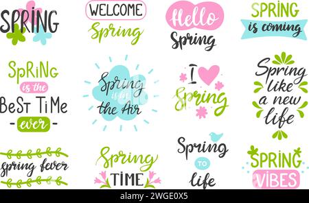 Spring lettering. Seasonal calligraphy quotes for postcards, posters and ad flyers. Handwritten phrases for prints, springtime neoteric vector set Stock Vector