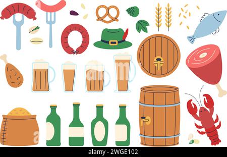Oktoberfest set. Glasses and bottles of beer, food and accessories. Drink party elements, isolated barrels, seafood and meat, decent vector clipart Stock Vector