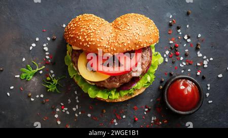 Delicious heart-shaped burger on a grey slate with a cup of ketchup for Valentine's Day Stock Photo