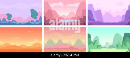 Flat landscape. Gaming stylized backgrounds with trees sky and mountains exact vector abstract nature pictures collection Stock Vector