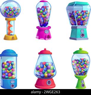 Candy machine. Vending sweets and colored gum for kids exact vector illustrations Stock Vector