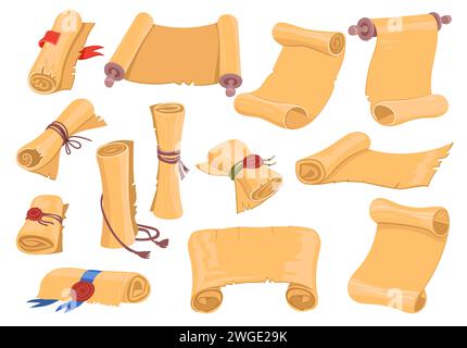 Papyrus scroll. Ancient paper manuscripts. Cartoon old rolls. Vintage parchment. Wax seals with ribbons or laces. Antique document pages. Torn Stock Vector