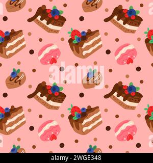 Cakes slices seamless pattern. Biscuits with sweet cream. Holiday delicious pastries. Chocolate icing or berries. Birthday desserts. Cupcakes and Stock Vector