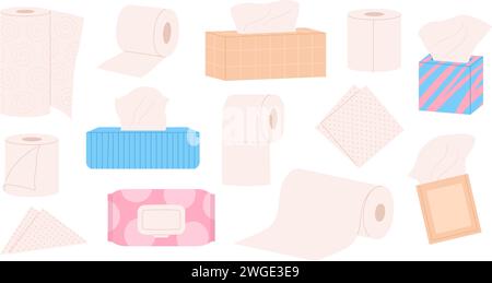 Hygiene paper set. Dry and wet wipes for hand and body care. Papers for kitchen and toilet, female self caring. Various racy vector accessories Stock Vector
