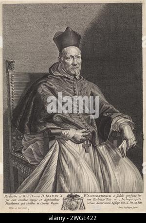 Portrait of Bishop Johannes Wachtonck, Pieter van Schuppen, After Peter van Lint, 1654 - 1690 print Portrait of bishop Johannes Wachtonck, sitting on a chair with a folded sheet of paper in hand. Among the image are coat of arms with bishop's hat and a Greek motto. On both sides an assignment in Latin.  paper engraving Stock Photo