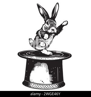 Rabbit jumping out of a top hat hand drawn sketch in doodle style Stock Vector