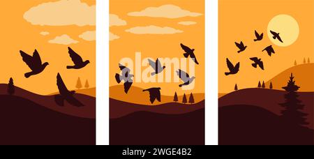 Black silhouettes of flying birds against a background of nature of silhouette black nature tree illustration vector Stock Vector