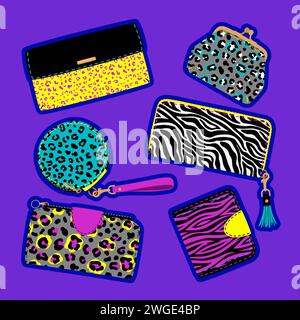 Fashionable animal print wallets, bright collection of women accessories. Vector of wallet print, skin textile fashion animal illustration Stock Vector