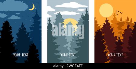 Night and morning landscapes with silhouettes of fir trees. Vector of landscape morning illustration, day and evening, sky and moon time Stock Vector