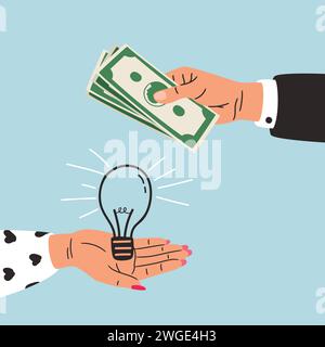 Hand holds a light bulb, hand holds money. Buy idea, investment in innovation business concept. Vector of finance investment in innovation and growth illustration Stock Vector