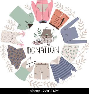 Donating clothes concept. Vector illustration about charity for needing people. Donate and help concept, care and support clothes cartoon Stock Vector