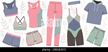 Womens sportswear, vector collection on white background. Illustration of sportswear garment, clothing style design fashion, active wear female Stock Vector