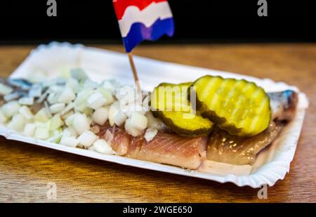 Famous Netherlands snack, raw herring fillet with pickled cucumber slices, onions and Netherlands national flag. Stock Photo