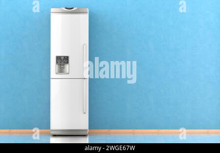 Fridge, front view in interior near the blue wall. 3D rendering Stock Photo