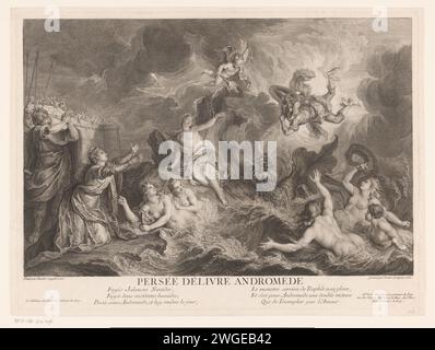 Perseus frees Andromeda, Louis Surugue, After Charles-Antoine Coypel, 1732 print  publisher: ParisFrance paper engraving / etching Perseus frees Andromeda of her chains Stock Photo