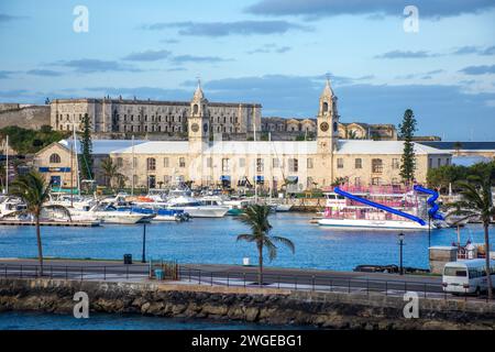 Historic Clocktower Shopping Mall Building across Dockyard Marina, Royal Naval Dockyard, Sandy's Parish, Bermuda Stock Photo