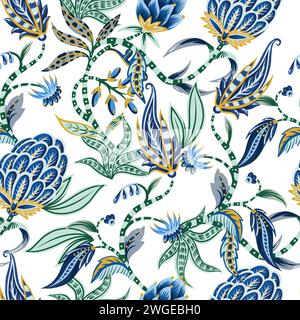 Chintz seamless pattern with flowers and leaves. Vector. Stock Vector