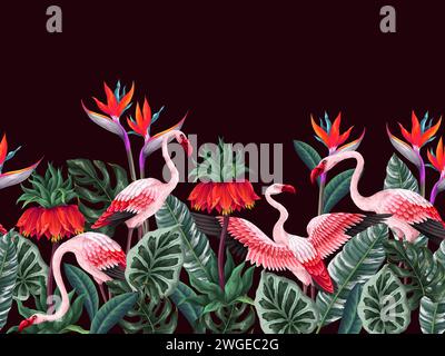 Border with pink flamingos and exotic flowers. Vector. Stock Vector