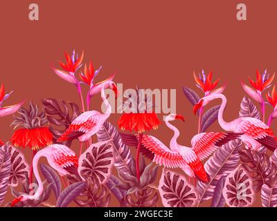 Border with pink flamingos and exotic flowers. Vector. Stock Vector