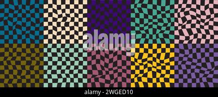 Set of distorted chessboard backgrounds. Psychedelic patterns with warped colorful squares. Chequered optical illusion. Groovy layouts in retro 60s Stock Vector