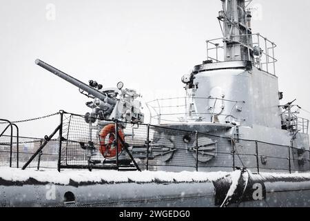 The USS Cobia (SS245), during a snowstorm, and part of the Wisconsin Maritime Museum in Manitowoc, Wisconsin. Stock Photo