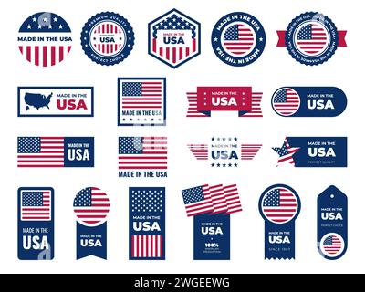 Made in usa labels. American guarantee emblems, patriotic signs, tags with national flag colors and symbols, quality certificates stickers, patriotic Stock Vector