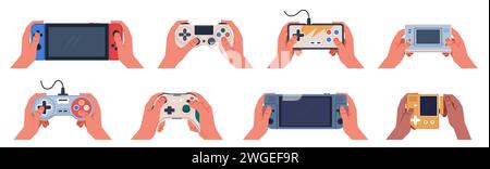 Game joystick in hands. Human arms hold retro videogame controllers, player presses buttons, modern wireless gamepads, electronic digital devices Stock Vector
