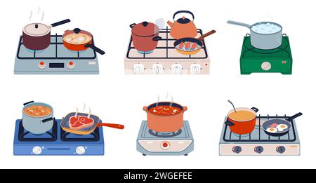 Food on stove. Portable gas hobs with kitchen utensils, dishes cooking process, propane burner with pots, pans and kettles, preparing dinner cartoon Stock Vector