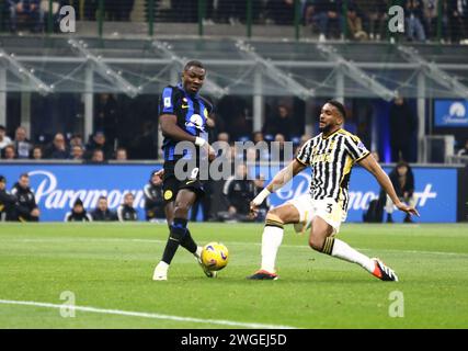 Milan, Italy. 04th Feb, 2024. Marcus Thuram of Inter Milan and Bremer of Juventus during the match between Inter Milan and Juventus Fc as part of Italian Serie A, football match at San Siro Stadium, Milan. Photo Nderim Kaceli Credit: Independent Photo Agency/Alamy Live News Stock Photo