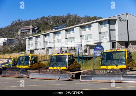 Smiggin holes ski resort in Australia, part of the Perisher ski area, summers day shot of snow ploughs and apartment building, NSW,Australia,2024 Stock Photo