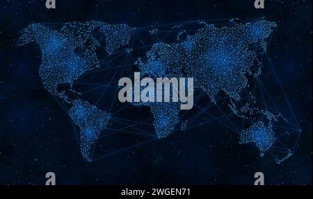 Wold Map on Night Sky Universe, Global Network and Communications Concept Stock Photo