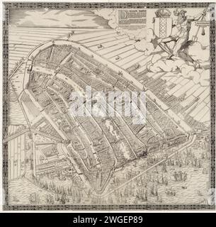Map of Amsterdam, 1544, Cornelis Anthonisz., 1545 - 1553 print Map of Amsterdam in a nutshell perspective in the year 1544. Boven the city vast meadows, at the bottom of the IJ with many ships. At the top right Neptunus with the Wapen van Amsterdam. To the left of the title and information in seventeen lines. In ornamental frame. Orientation: West Southwest Boven. Amsterdam paper letterpress printing maps of cities. coat of arms (as symbol of the state, etc.) (+ city; municipal). (story of) Neptune (Poseidon). sailing-ship, sailing-boat Amsterdam Stock Photo