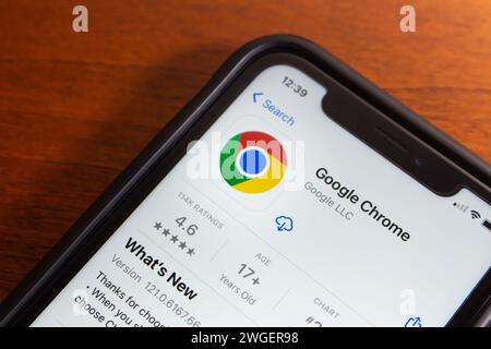 Vancouver, CANADA - Jan 29 2024 : Google Chrome app seen in App Store on an iPhone screen. Google Chrome is a web browser developed by Google Stock Photo