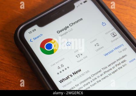 Vancouver, CANADA - Jan 29 2024 : Google Chrome app seen in App Store on an iPhone screen. Google Chrome is a web browser developed by Google Stock Photo