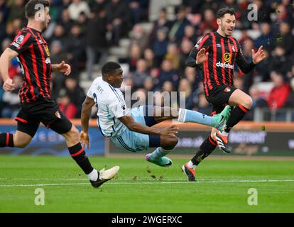 Bournemouth, UK. 30th Jan, 2024. Bournemouth, England, Feb 4th 2024: Nottingham Forest's Taiwo Awoniyi (left) and Bournemouth's Adam Smith (right) during the Premier League football match between Bournemouth and Nottingham Forest at the Vitality Stadium in Bournemouth, England (David Horton/SPP) Credit: SPP Sport Press Photo. /Alamy Live News Stock Photo