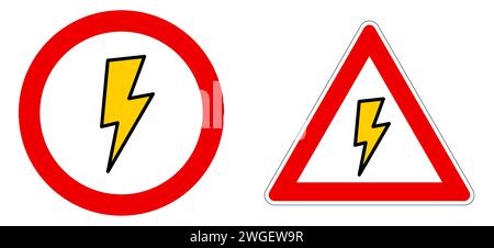 Yellow flash icon in red circle and triangle - electric shock warning or not allowed sign Stock Vector