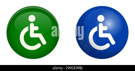 Disabled wheelchair symbol in green and blue sphere or 3d circle, handicapped friendly icon Stock Vector
