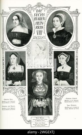 Shown here are the six wives of England's King Henry VIII. They are from left (top bottom): Catherine Parr [painting in National Gallery in London], Catherine of Aragon [painting in the National Portrait Gallery in London]; middle (top, bottom): Anne Boleyn: sketch by Hans Holbein in Windsor Castle, Anne of Cleve  [painting by Hans Holbein in Louvre in Paris]; to right (top, bottom): Catherine Howard [painting in National Gallery in London], Jane Seymour [painting by Hans Holbein in Royal Museum in Prague. Stock Photo