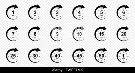 Set of minutes icons with circle arrows. Stopwatch symbols. 1, 2, 3, 4, 5, 6, 7, 8, 9, 10, 15, 20, 25, 30, 40, 45, 50 min and 1 hour sport or cooking timer signs. Vector graphic illustration Stock Vector