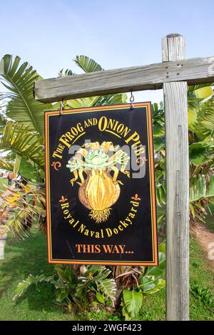 The Frog and Onion Pub sign, Victualling Yard, Royal Naval Dockyard, Sandy's Parish, Bermuda Stock Photo