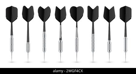 Black dart arrows with metal tip and shadow. Dart throwing sport game, dartboard equipment. Vector illustration Stock Vector